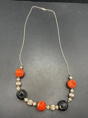 Vintage Southwestern Sterling Silver 925 Sponge Coral Lava Beaded Necklace 24"